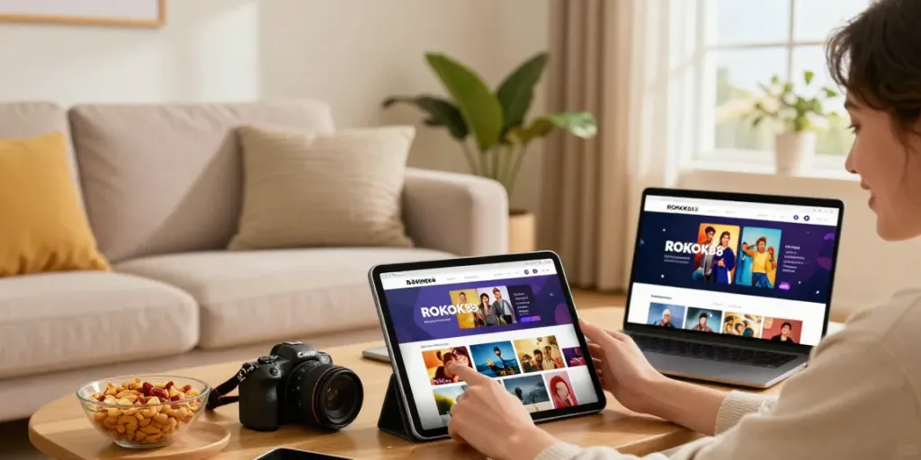 Enjoying ROKOK88 on a tablet, user in cozy home setting with snacks.