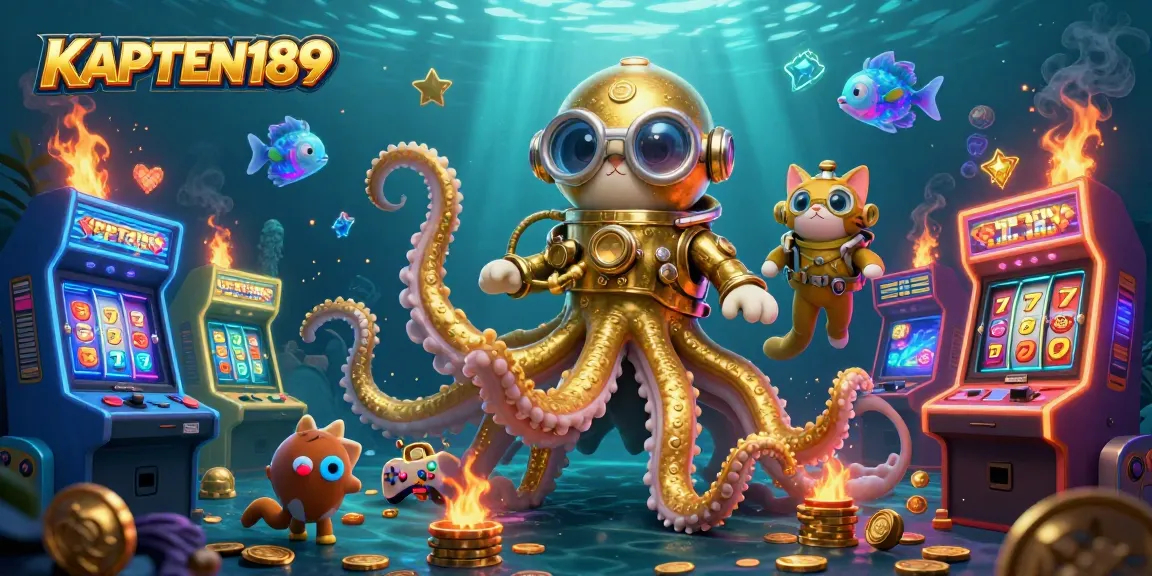 KAPTEN189 menghadirkan ilustrasi slot online dengan karakter kraken emas dan kucing penyelam