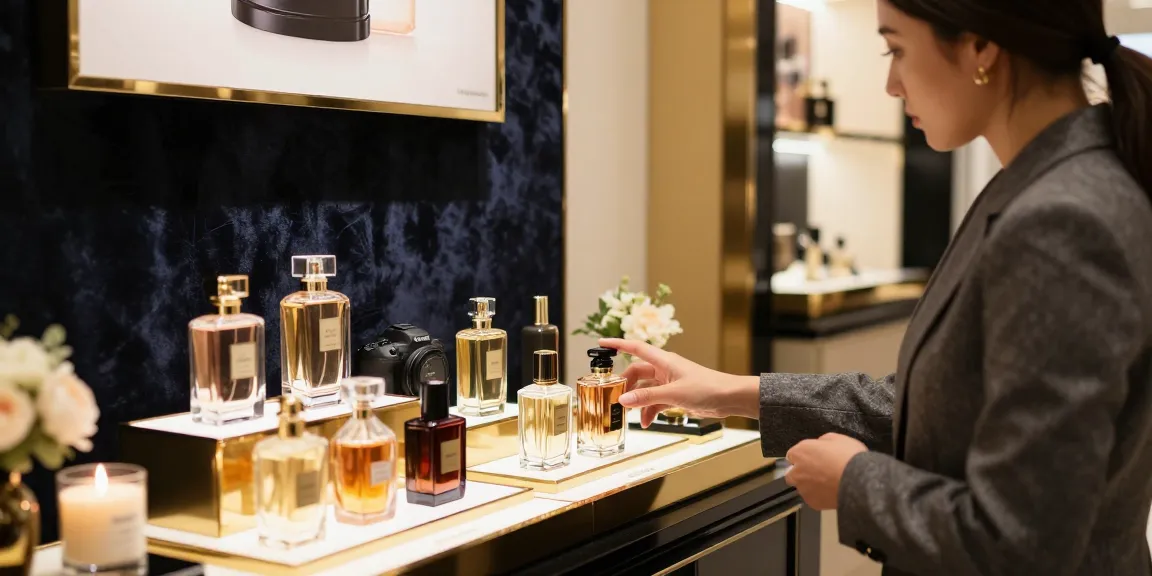 Exclusieve parfums in luxe winkel met stijlvolle presentatie en klantinteractie.