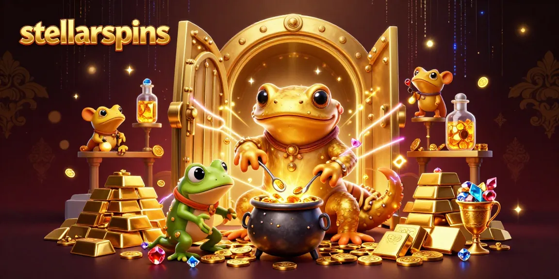 Play slots and win at stellarspins with a vibrant casino scene featuring gold treasures.