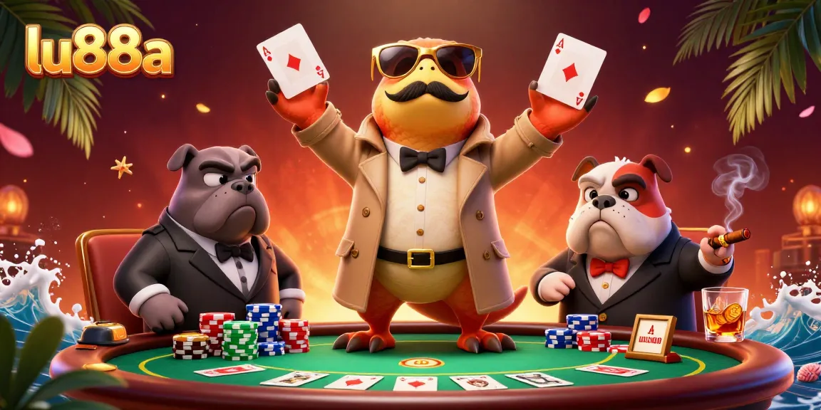 Play poker with LU88A in a colorful casino scene featuring dinosaurs and excitement.