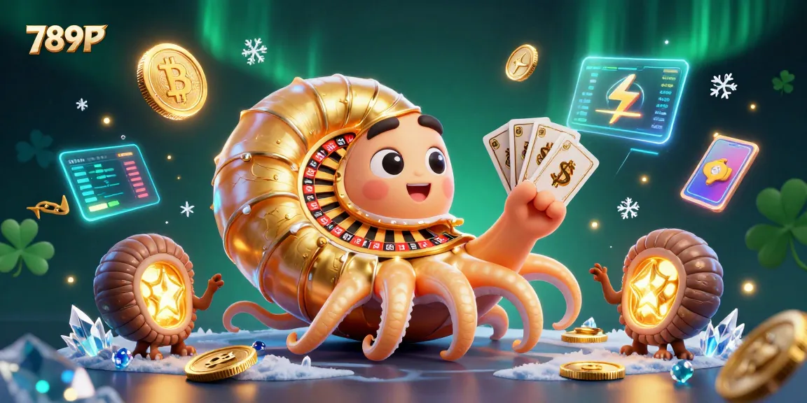 Engage in gaming excitement with 789P's giant nautilus roulette and glowing crypto coins.