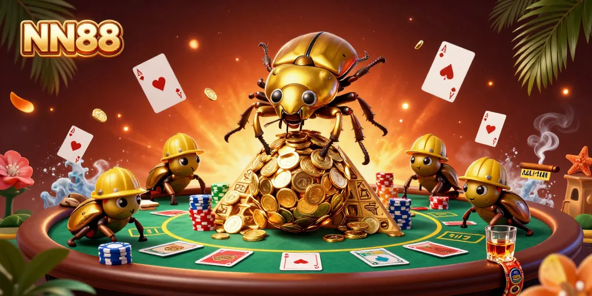 Engage in NN88 casino games with a massive golden beetle rolling gold coins at a vibrant poker night.