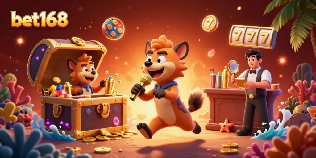 Engage with bet168 in this lively 3D casino scene featuring hyenas and casino action.