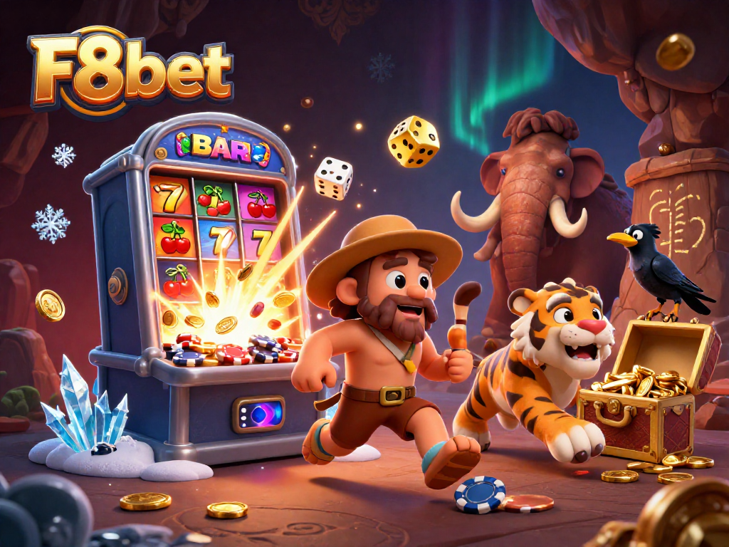 Experience thrilling wins at F8bet with this vibrant prehistoric casino scene filled with engaging games.