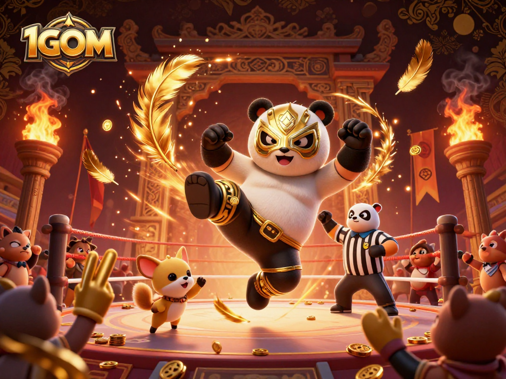 1GOM showcases a thrilling 3D scene of a panda wrestler and animal spectators in a vibrant gambling arena.