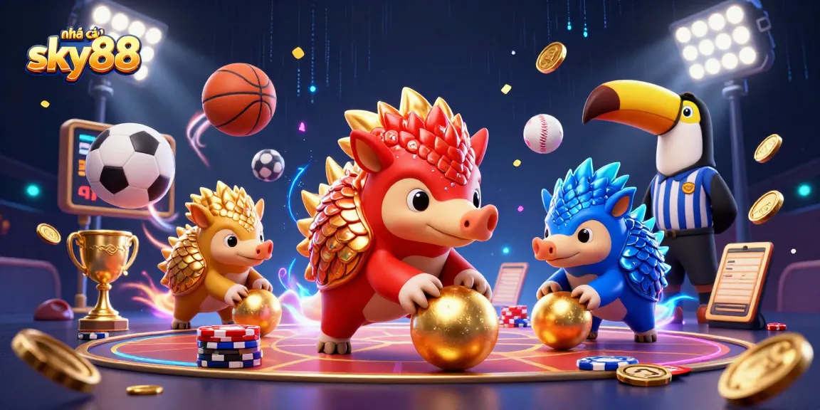 A vibrant 3D scene showcasing engaging pangolin characters competing at nhà cái sky88 with poker chips and sports balls.