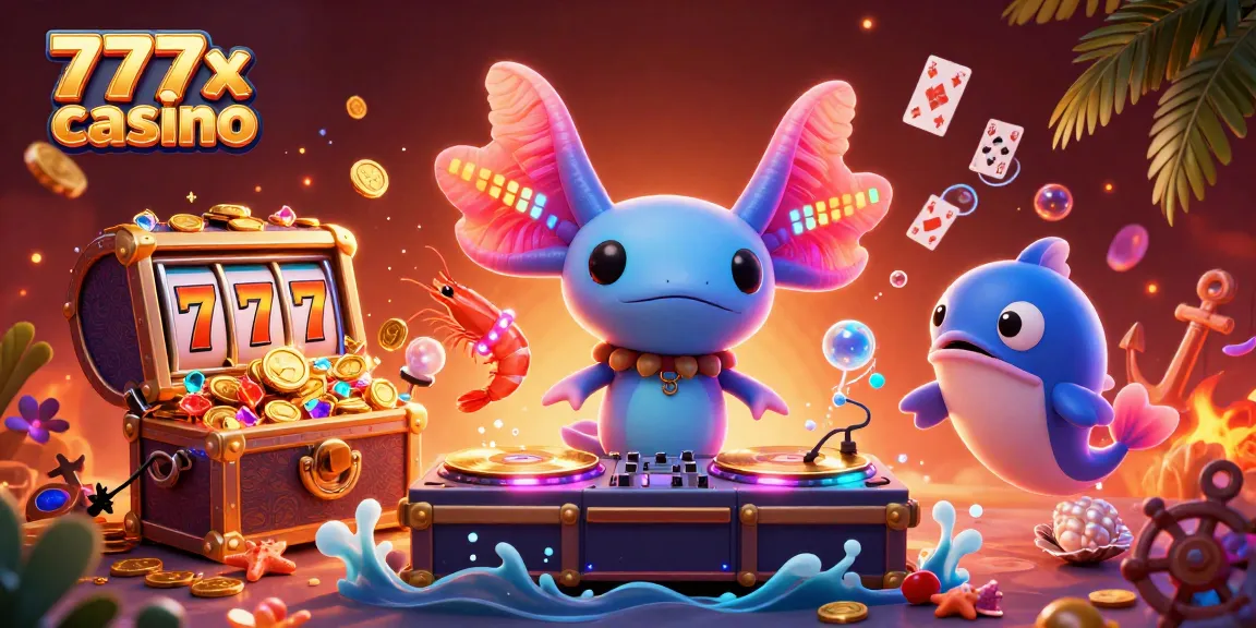 Join the 777x casino excitement with this vibrant underwater scene full of slots and treasures!