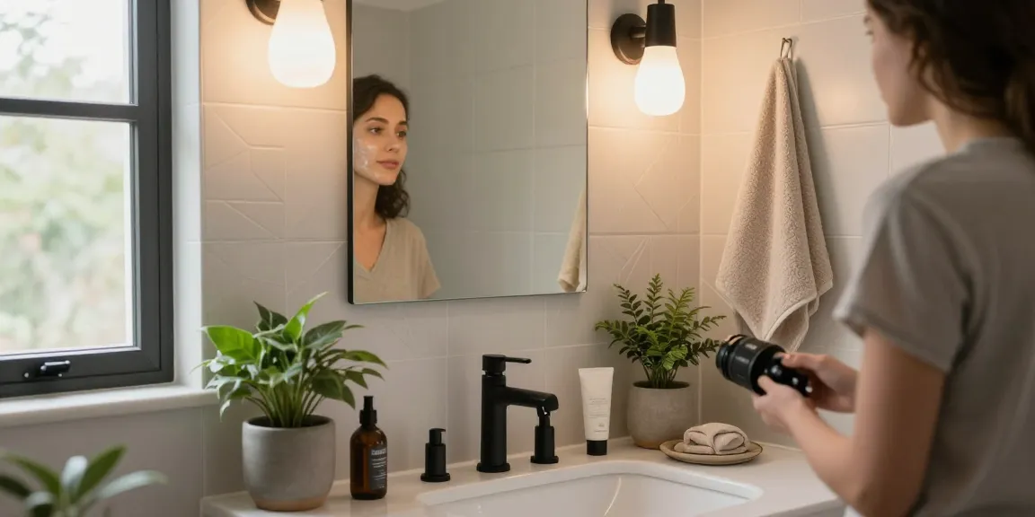 Een stijlvolle badkamerkraan in een moderne badkamer met zachte verlichting en natuurlijke elementen.