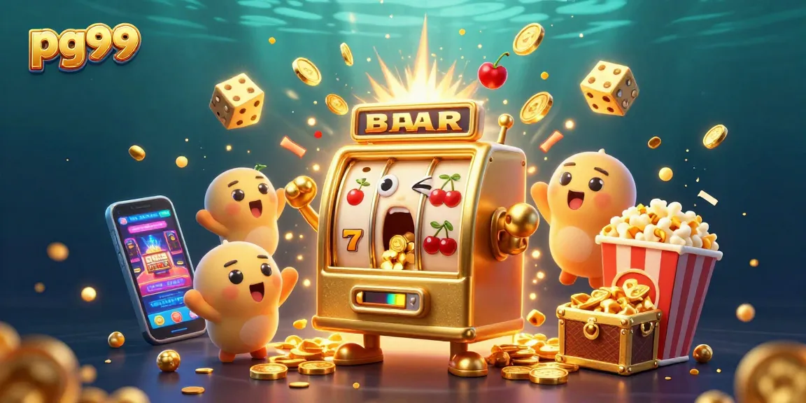 Catch pg99's jackpot excitement with a lively scene of slot machines and gold coins!