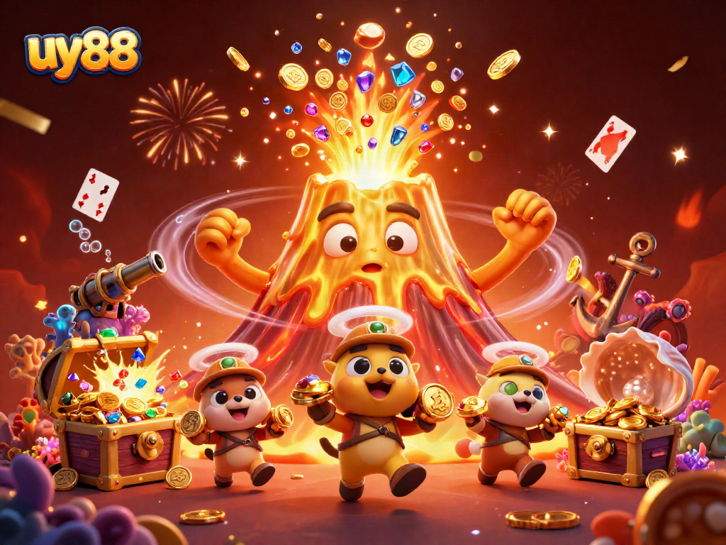 Experience the excitement of uy88 casino with a vibrant explosion of treasures and animated characters.