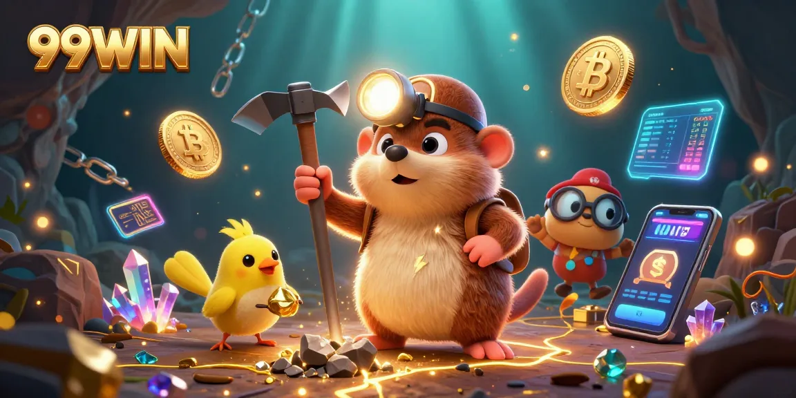 Experience thrilling gameplay with 99WIN as characters mine gems amidst cryptocurrency elements.
