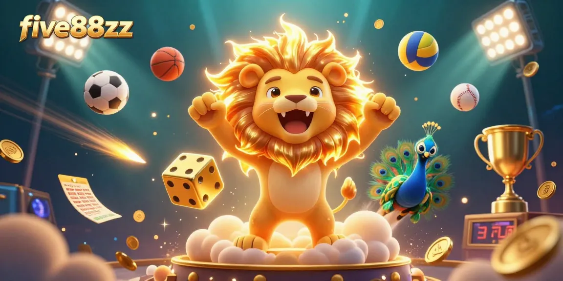 Engage in vibrant gameplay with five88zz featuring a sun lion and gold dice amidst dynamic sports elements.