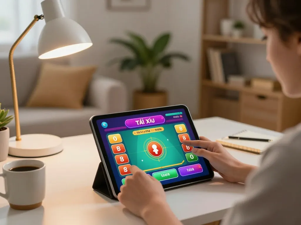 Engaging gameplay session using app tài xỉu on a tablet in a cozy home environment.
