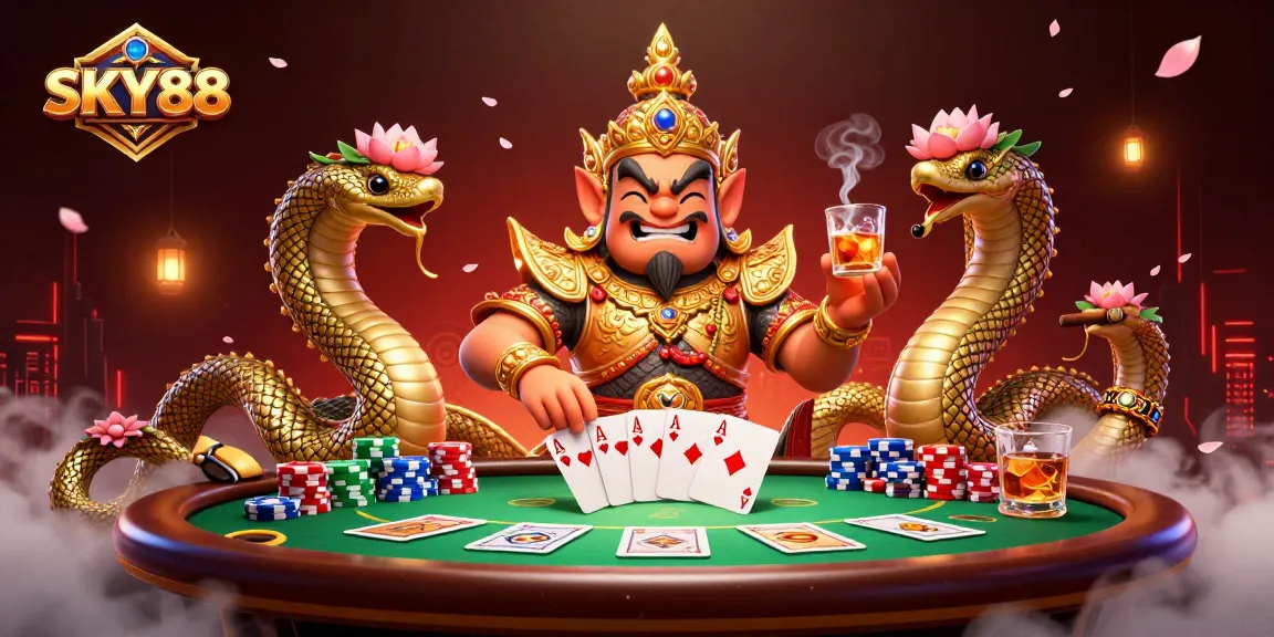 Engage in thrilling poker games at SKY88 with dynamic characters and vibrant casino elements surrounding them.