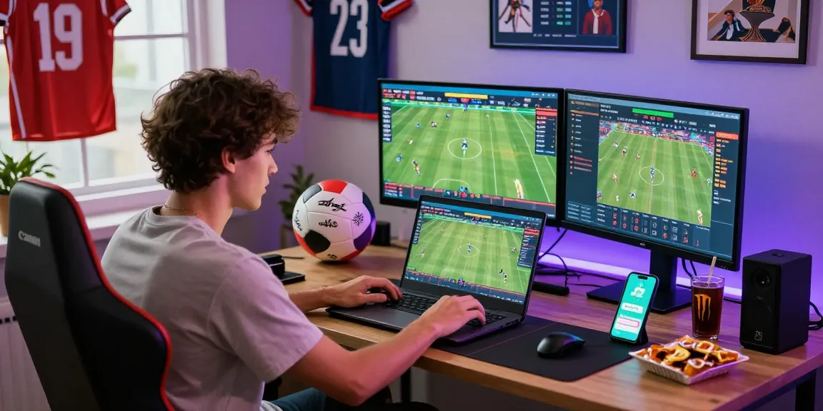 Pengguna sis4d menikmati taruhan olahraga online dengan laptop dan berbagai memorabilia olahraga.