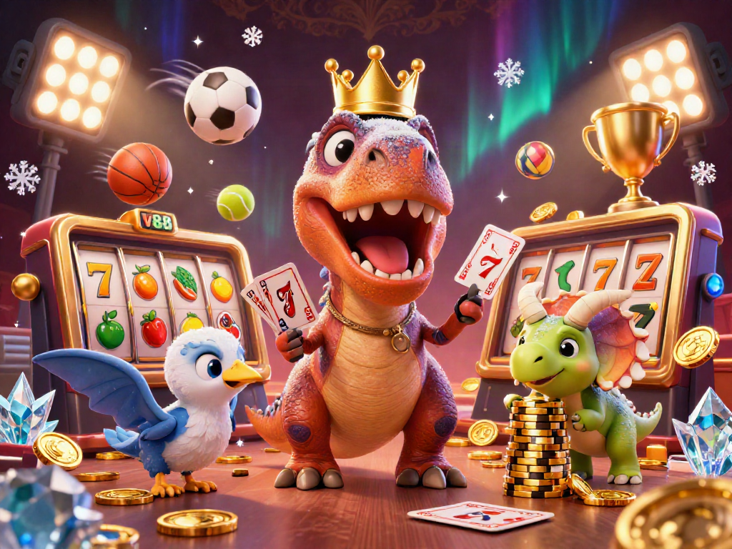 Experience the thrill of lv88 with a T-Rex shuffling cards and a baby triceratops stacking golden chips in this captivating 3D casino scene.