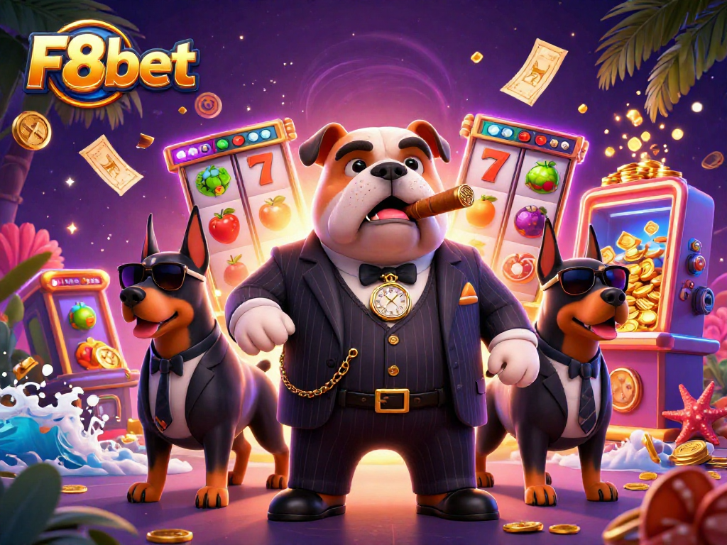 Experience F8bet's thrilling casino games with a lively illustration featuring a mafia boss and bodyguards.