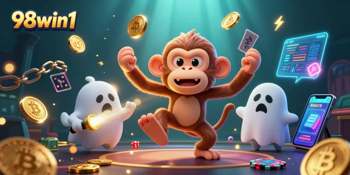 Engage with the immersive world of 98win1 as the poltergeist monkey juggles coins in a vibrant casino scene.