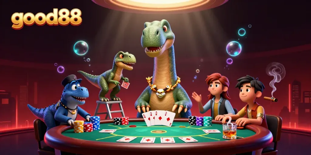 Engage in thrilling gameplay at good88, where a giant brontosaurus oversees an epic poker session