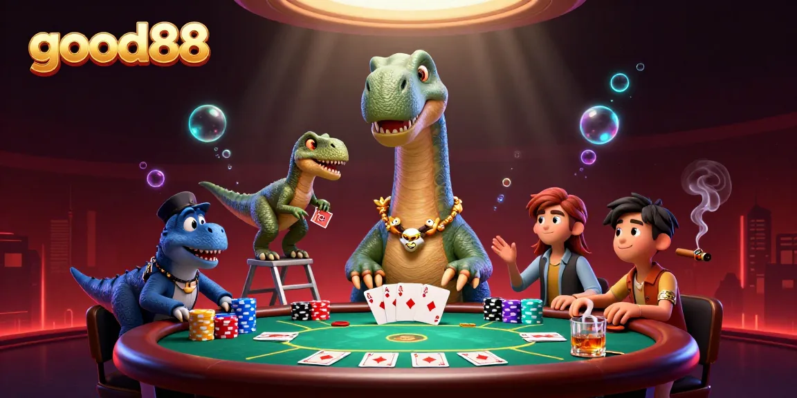 Engage in thrilling gameplay at good88, where a giant brontosaurus oversees an epic poker session
