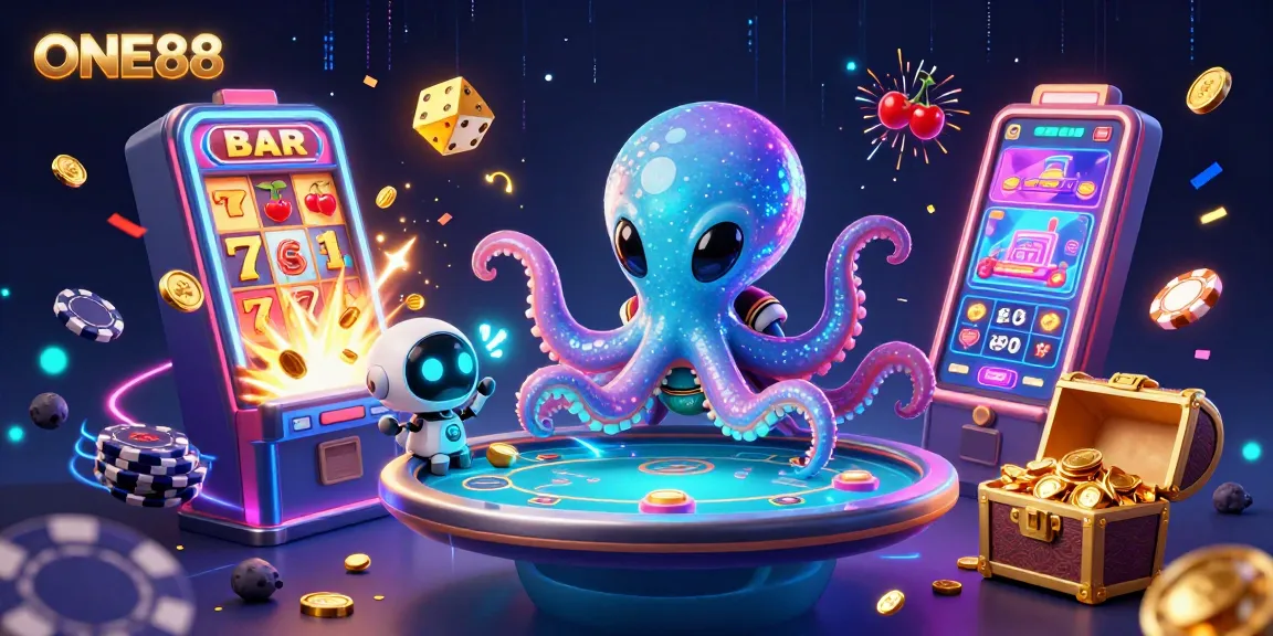 Engage in thrilling gameplay with ONE88 as an alien octopus operates a holographic poker table.