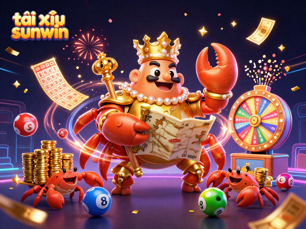 Engaging illustration of tài xỉu sunwin featuring a golden crab emperor and colorful game elements in a dynamic casino scene.