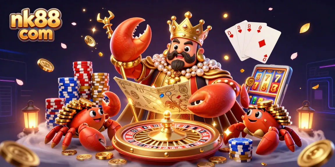 Engage with the vibrant world of nk88 com, showcasing a golden crab emperor surrounded by treasure and winning casino elements.