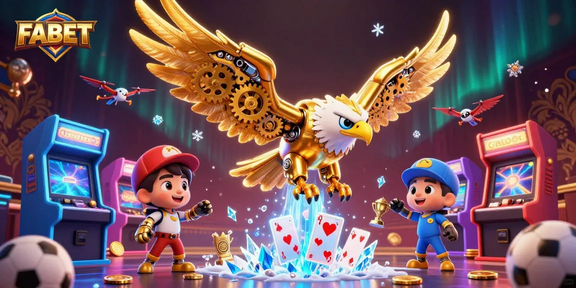 Experience FABET's thrilling sports action with a cybernetic eagle soaring through vibrant casino elements.