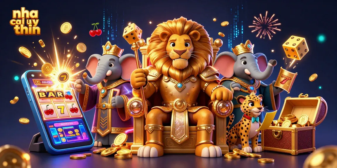 Engage with nha cai uy tin in a vibrant casino scene featuring a lion king and a slot machine jackpot.