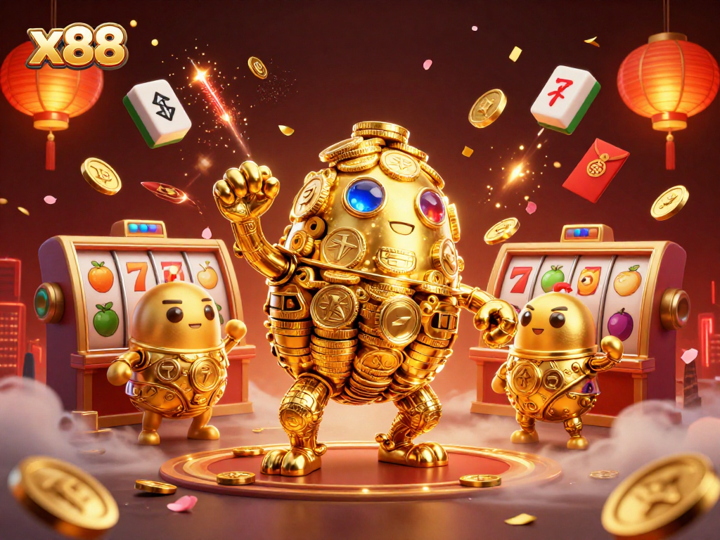 Play slots and win big with x88's exciting casino experiences, illustrated in vibrant 3D.