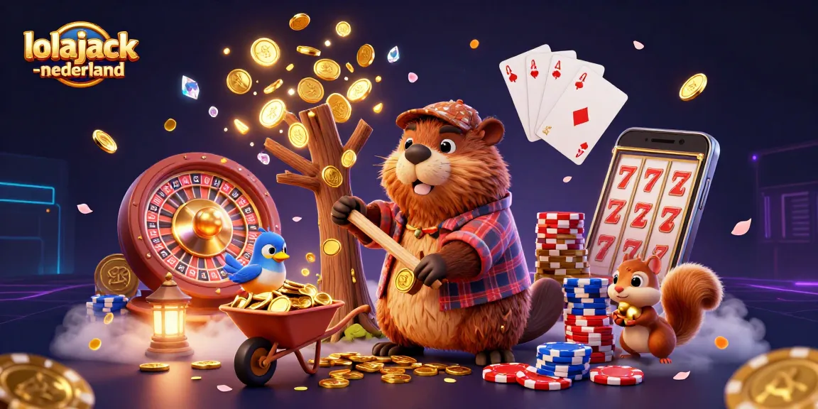 Play exciting games at lolajack-nederland casino, featuring golden coins and rich rewards in an animated scene.