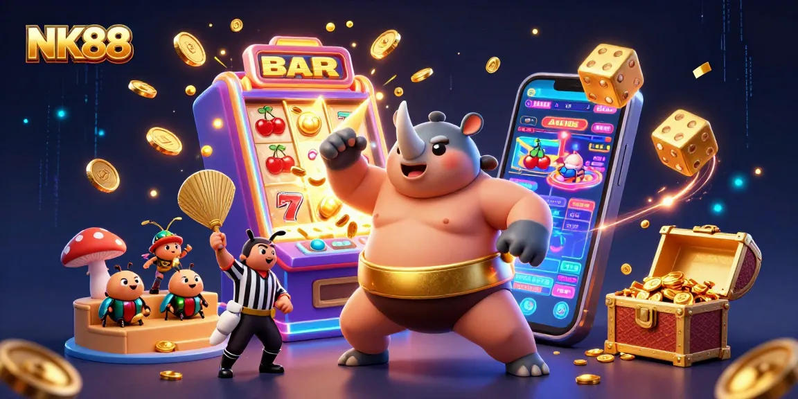 Witness the thrilling NK88 game with a rhinoceros beetle sumo champion amidst flying coins and a vibrant casino setting.