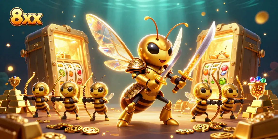 Engage with 8xx's vibrant casino scene featuring a giant hornet and bee archers amidst glowing treasure.