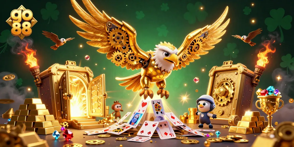 Experience go 88 excitement with a golden eagle diving through holographic cards, surrounded by treasures.
