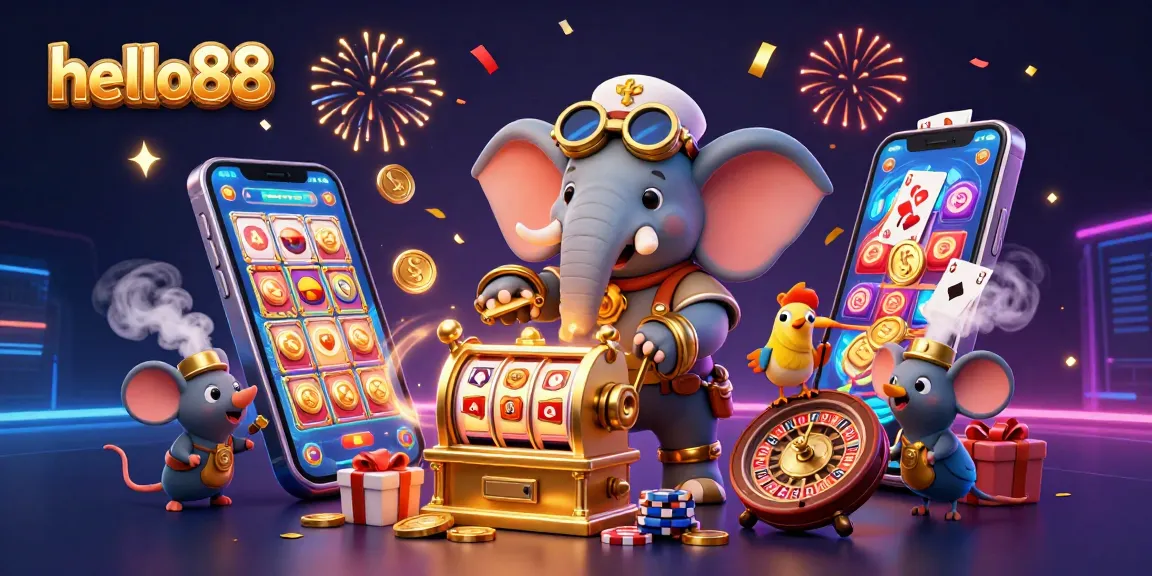 Experience the thrill at hello88 with a vibrant 3D scene showcasing a steampunk elephant and exciting casino elements.