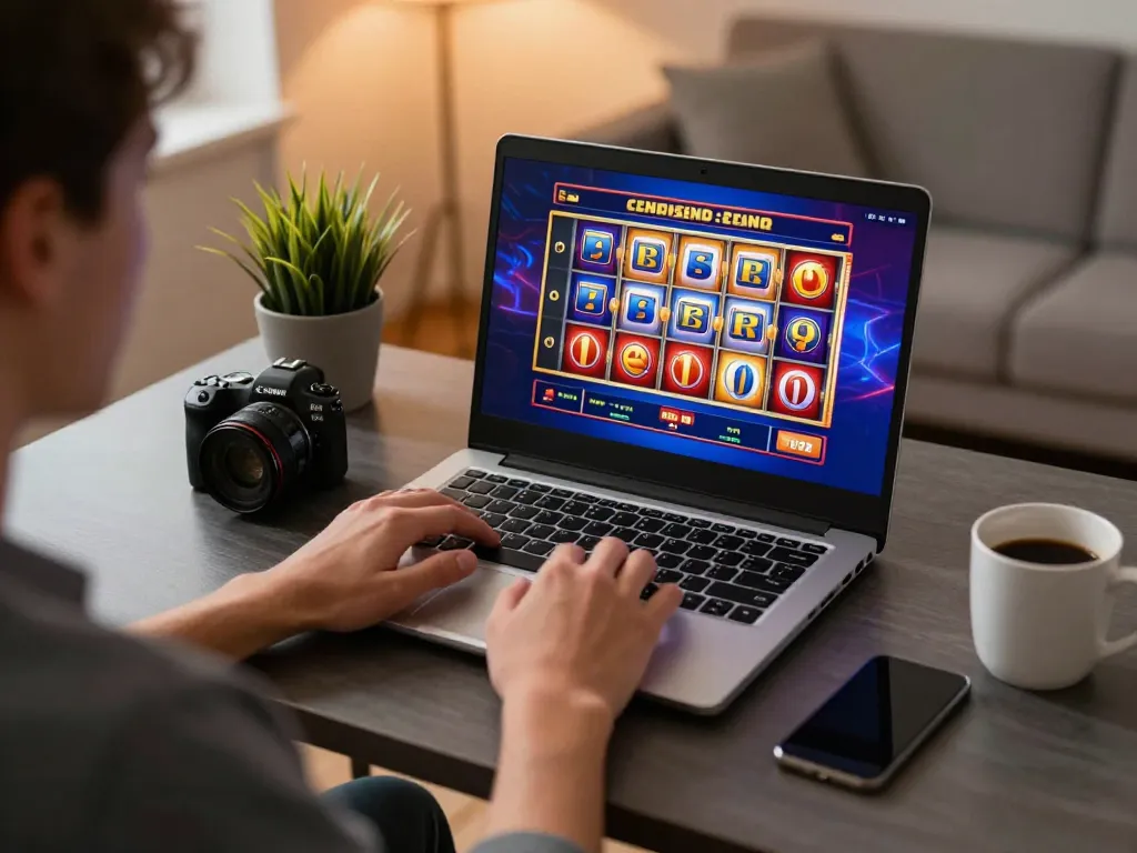 Engaging in online gaming at uk88in with vibrant slot games displayed on laptop screen.