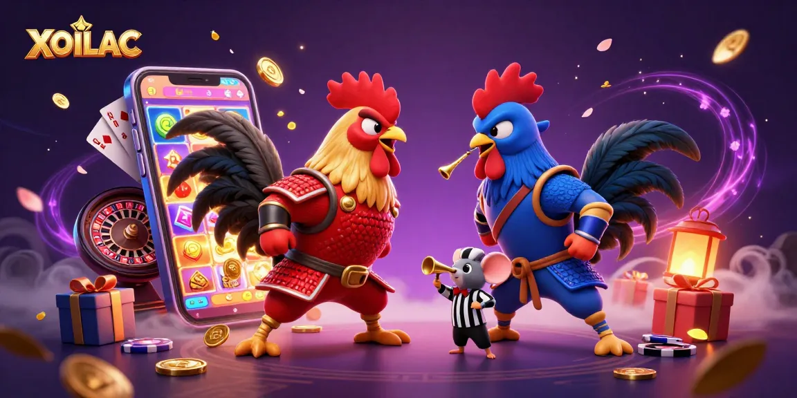 Experience exciting action with XOILAC as roosters duel amongst casino games and vibrant elements.