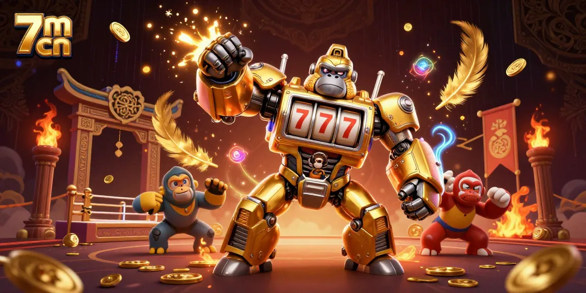7m cn showcases a vibrant and dynamic scene with a golden gorilla mech surrounded by casino elements.