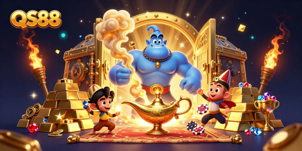 Experience the excitement of winning with QS88’s magical casino scene filled with treasure.