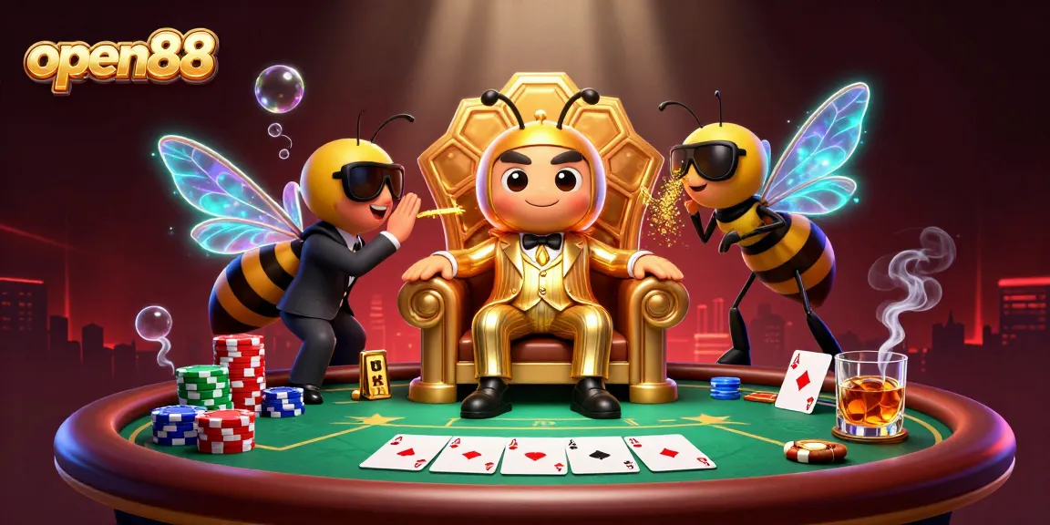 Experience the vibrant open88 poker scene with a bumblebee mob boss, chips, and cards!