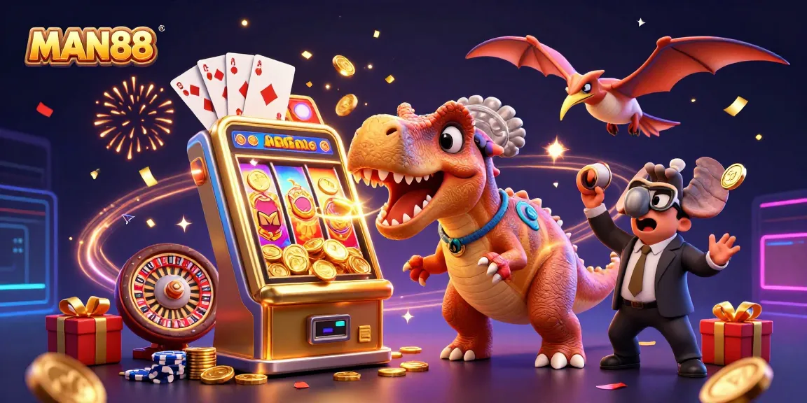 MAN88 breaks the jackpot with a dynamic scene including coins, games, and dazzling illustrations