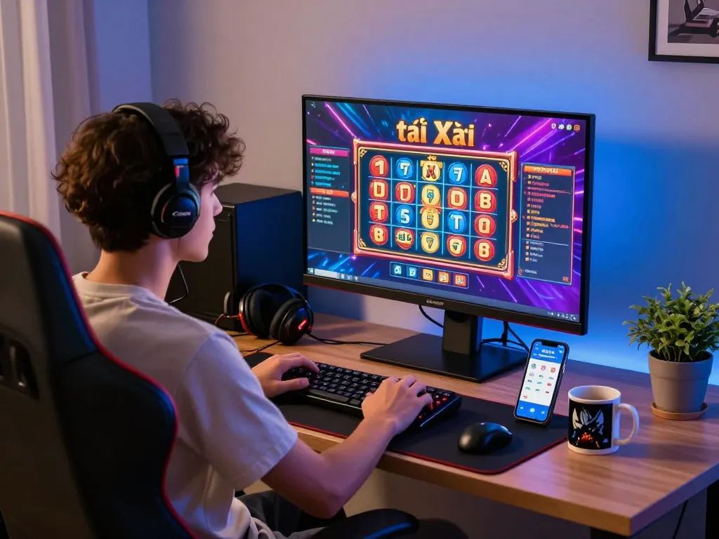 Experience thrilling games with tải hitclub in a vibrant home office setup, featuring immersive digital gaming visuals.