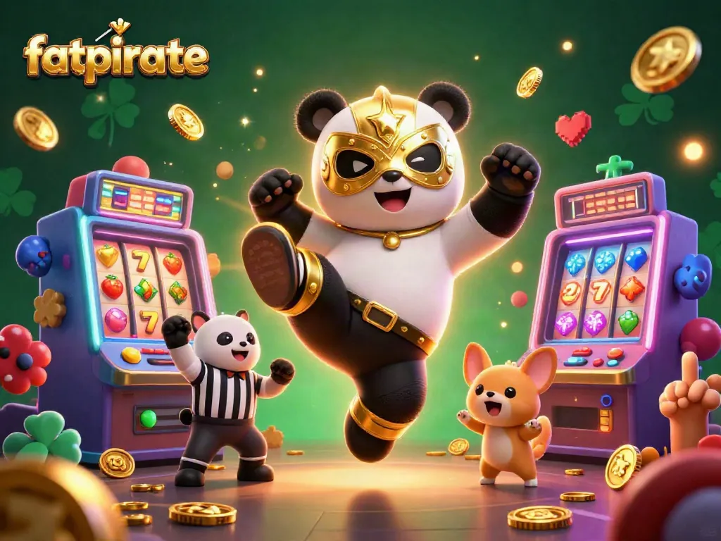 Experience the thrill of fatpirate as the panda wrestler kicks off an exciting slot game showdown amidst colorful machines and cheering spectators.