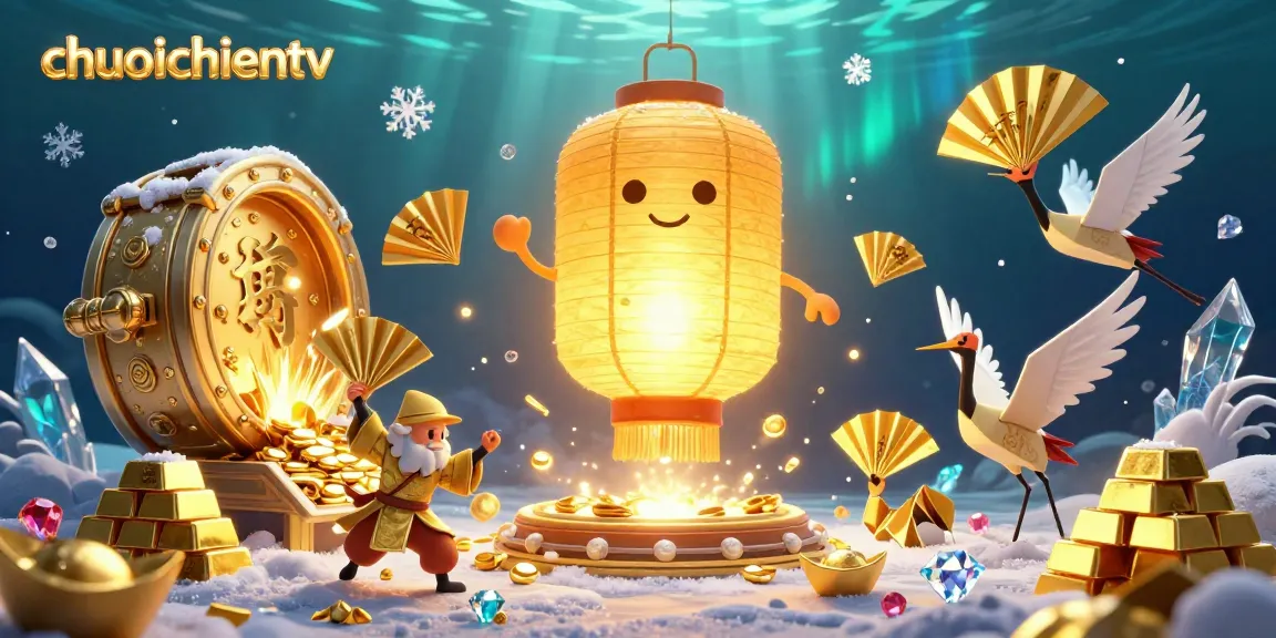 Experience thrilling moments at chuoichientv with a vibrant casino scene depicting golden treasures, lanterns, and warriors.