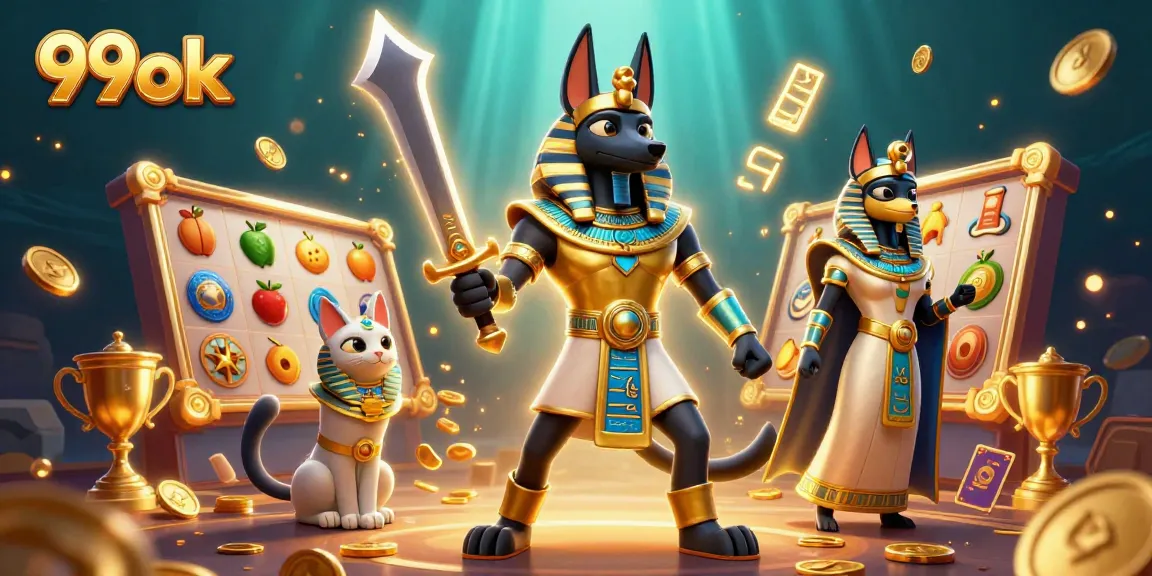 Experience the thrill of 99ok with Anubis and Bastet amidst vibrant slot elements and golden rewards.