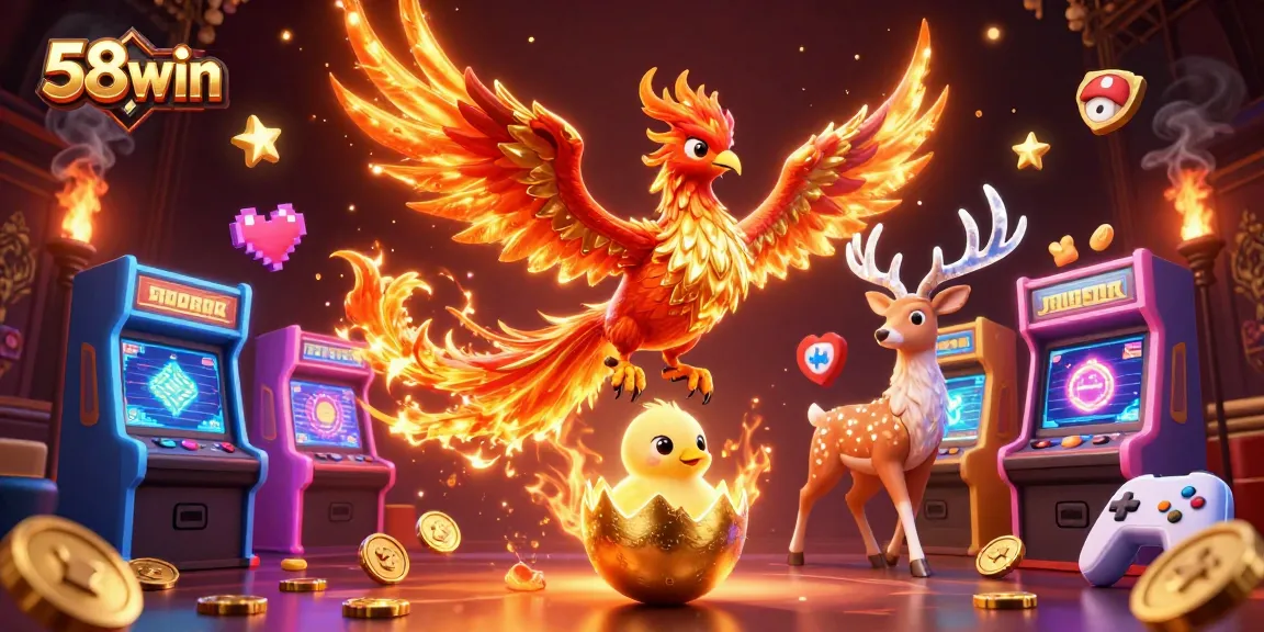 58win engages players with a dynamic 3D scene featuring a phoenix and colorful gaming elements.