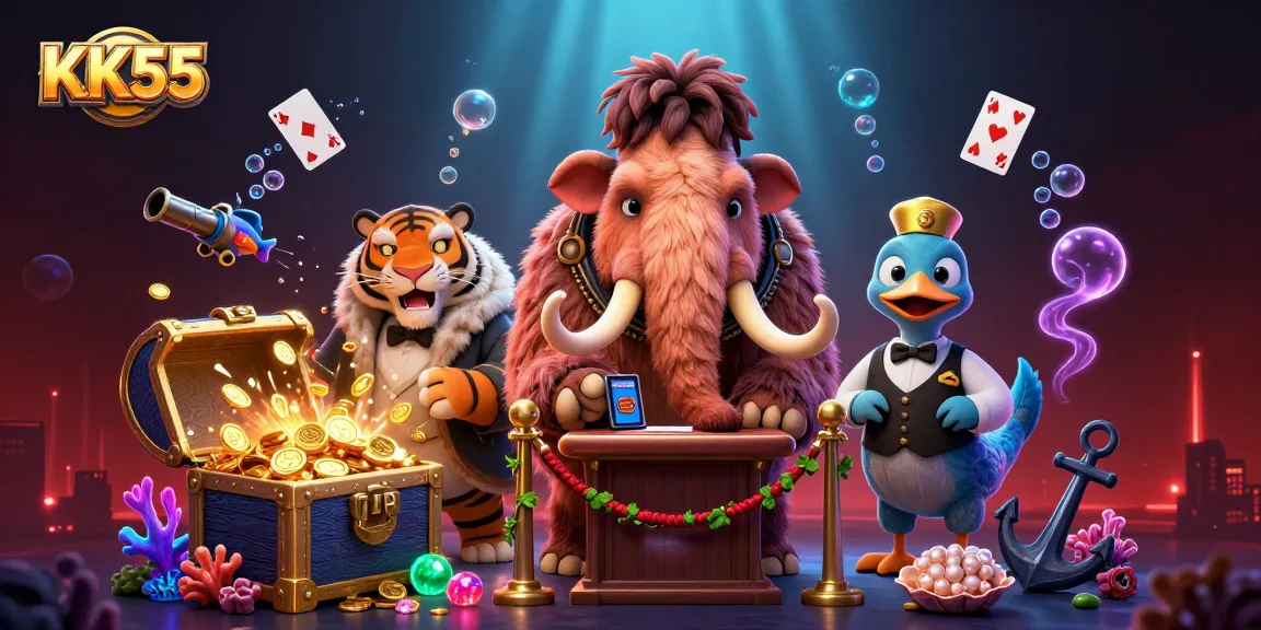 Experience thrilling gaming at KK55 with a vibrant casino scene featuring a mammoth bouncer and unique characters.