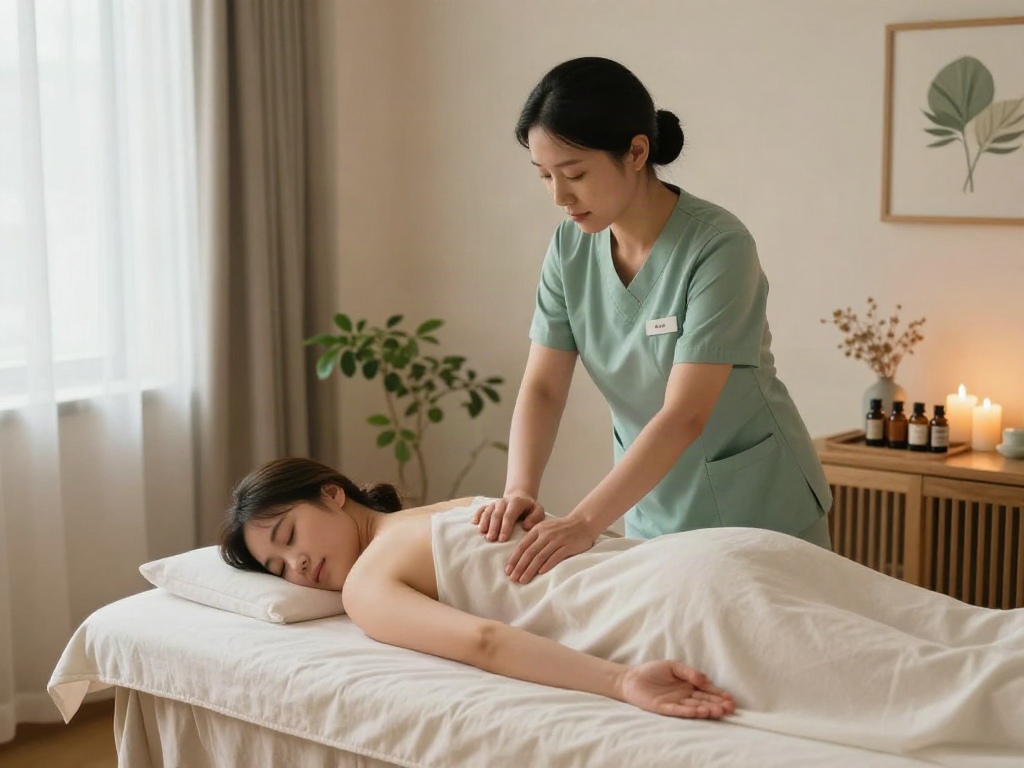 Relaxing 영등포출장마사지 session showcasing professional therapist using soothing techniques in tranquil spa setting.