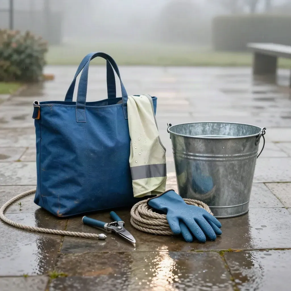 Bewaakzak met schoonmaakspullen op natte stenen binnenplaats in mistige regen.
